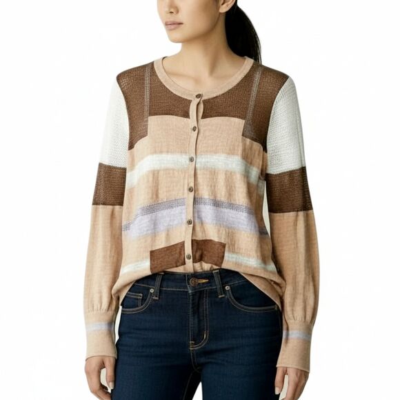 Simply Vera by Vera Wang Sheer Knit Colorblock Cardigan Button-Up Sweater Sz XL - Picture 1 of 14